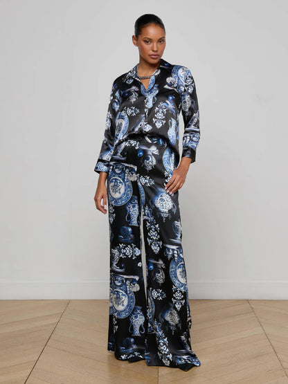 Dani Silk Blouse Black/Blue Porcelain Print - L'AGENCE