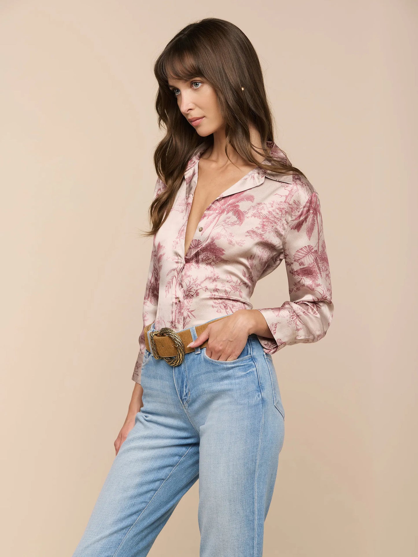 Dani Silk Blouse Tan Multi Textured Jungle Toile - L'AGENCE