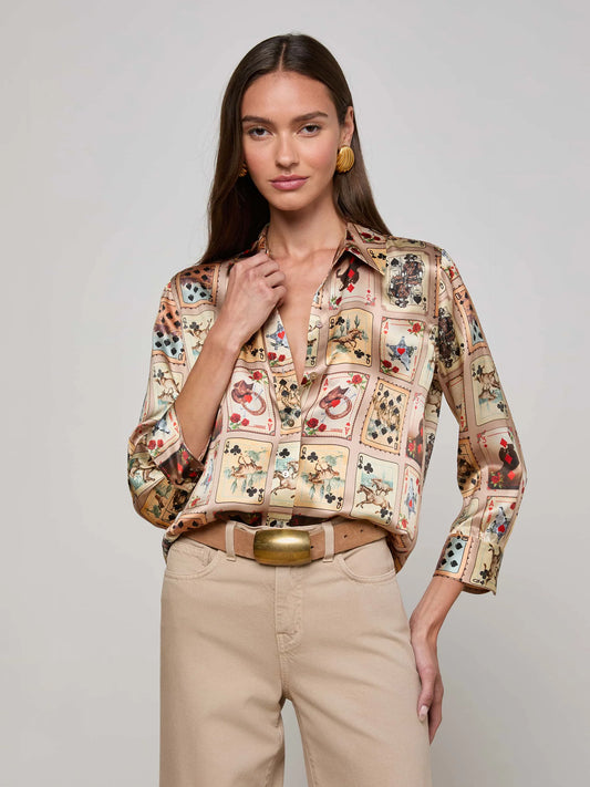 Dani Silk Blouse Tan Multi Western Cards - L'AGENCE