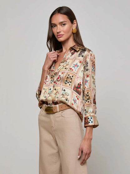 Dani Silk Blouse Tan Multi Western Cards - L'AGENCE