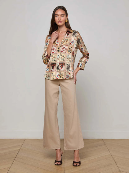 Dani Silk Blouse Tan Multi Western Cards - L'AGENCE