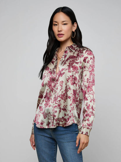 Tyler Silk Blouse Tan/Truffle Butterfly Toile - L'AGENCE