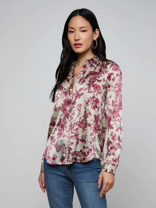 Tyler Silk Blouse Tan/Truffle Butterfly Toile - L'AGENCE