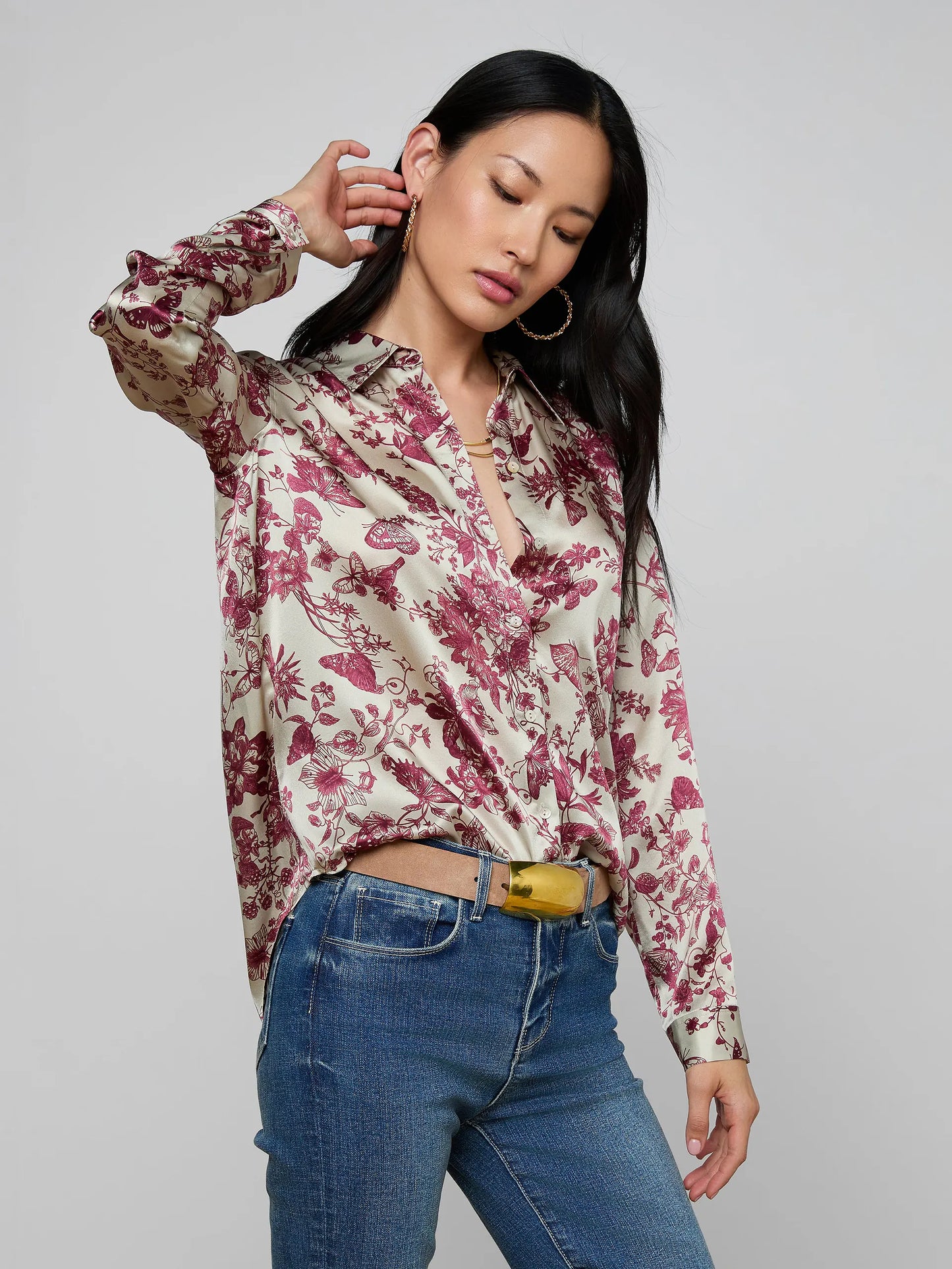 Tyler Silk Blouse Tan/Truffle Butterfly Toile - L'AGENCE