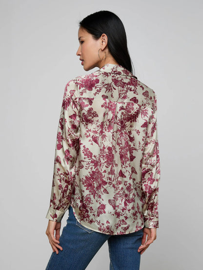 Tyler Silk Blouse Tan/Truffle Butterfly Toile - L'AGENCE