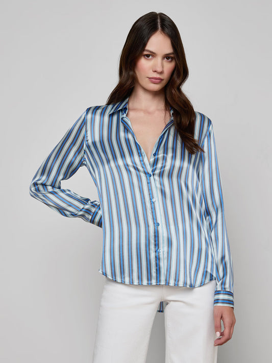 Tyler Silk Blouse Blue Multi Herringbone Stripe - L'AGENCE