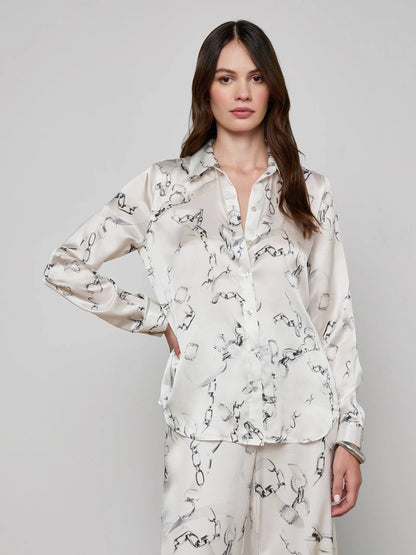 Tyler Silk Blouse Ivory/Grey Small Faded Chain - L'AGENCE