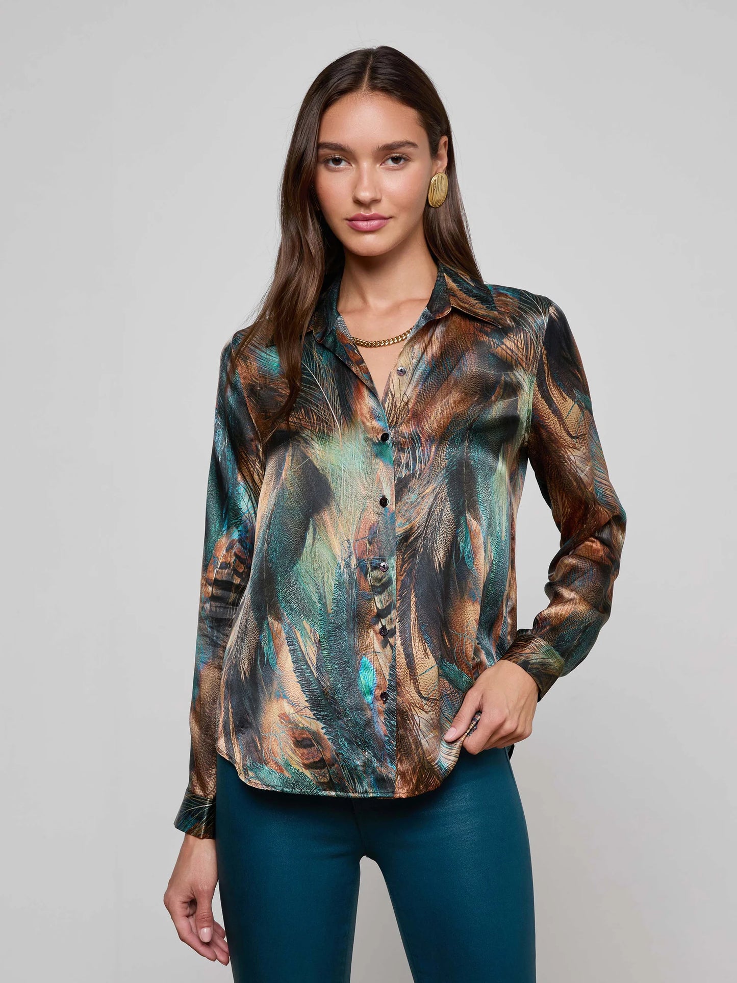 Tyler Silk Blouse Teal Multi Mix Feather - L'AGENCE