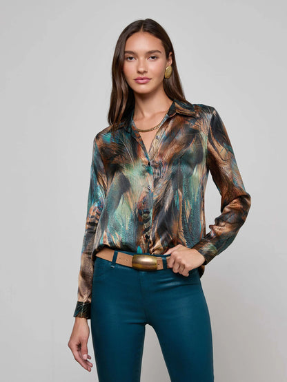Tyler Silk Blouse Teal Multi Mix Feather - L'AGENCE