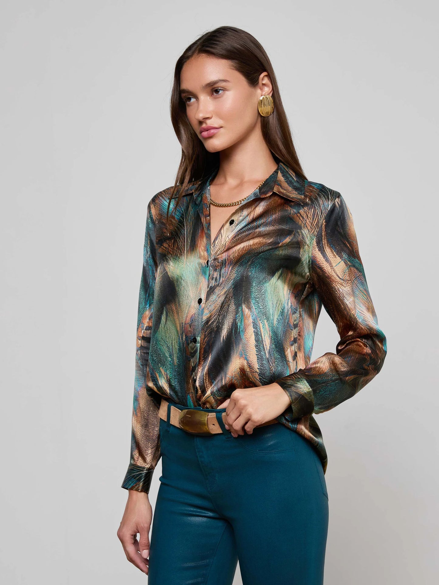 Tyler Silk Blouse Teal Multi Mix Feather - L'AGENCE
