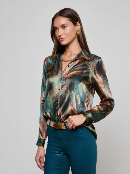 Tyler Silk Blouse Teal Multi Mix Feather - L'AGENCE