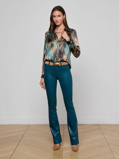 Tyler Silk Blouse Teal Multi Mix Feather - L'AGENCE