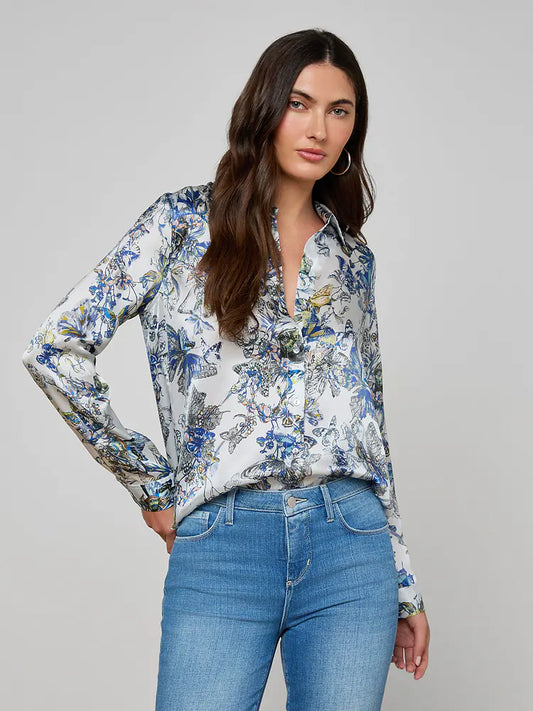 Tyler Silk Blouse Grey Multi Watercolor Butterfly - L'AGENCE