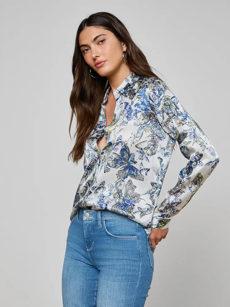 Tyler Silk Blouse Grey Multi Watercolor Butterfly - L'AGENCE