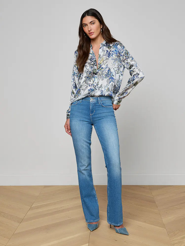 Tyler Silk Blouse Grey Multi Watercolor Butterfly - L'AGENCE