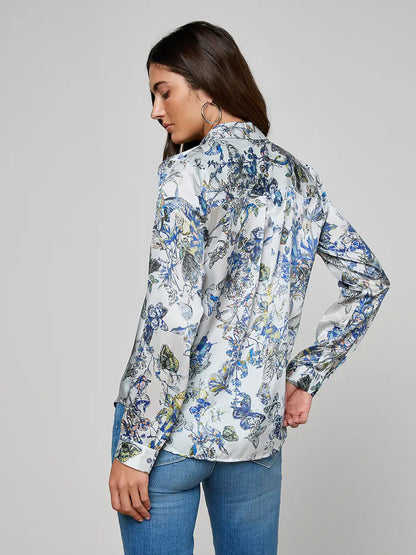 Tyler Silk Blouse Grey Multi Watercolor Butterfly - L'AGENCE