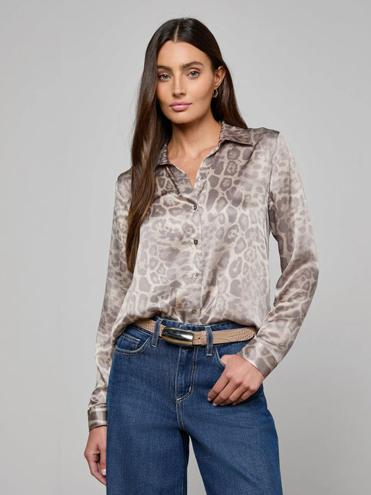Tyler Silk Blouse Grey Multi Patch Leopard - L'AGENCE