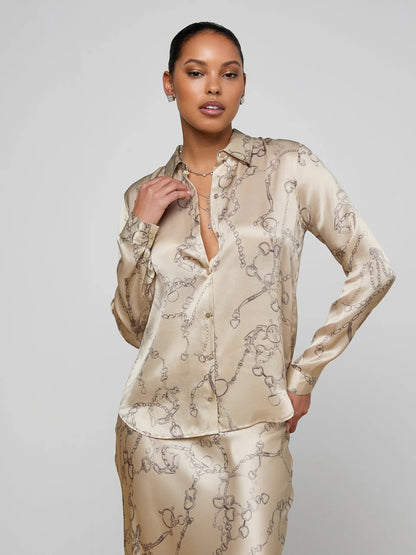 Tyler Silk Blouse Soft Macadamia Multi Small Horsebit Chain - L'AGENCE