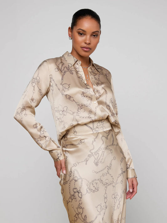 Tyler Silk Blouse Soft Macadamia Multi Small Horsebit Chain - L'AGENCE