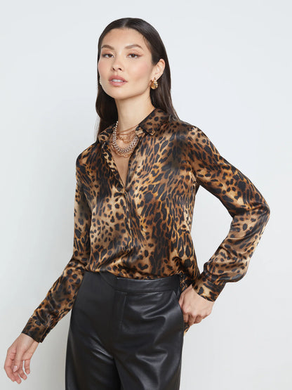 Tyler Blouse Brown Multi Oil Leopard - L'AGENCE