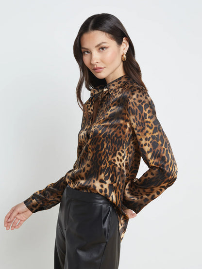 Tyler Blouse Brown Multi Oil Leopard - L'AGENCE