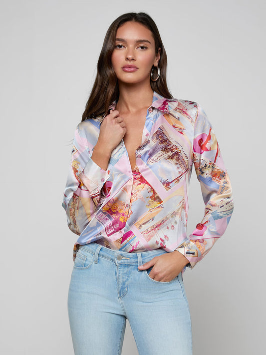 Tyler Silk Blouse Light Pink Multi Large Postcard Print - L'AGENCE