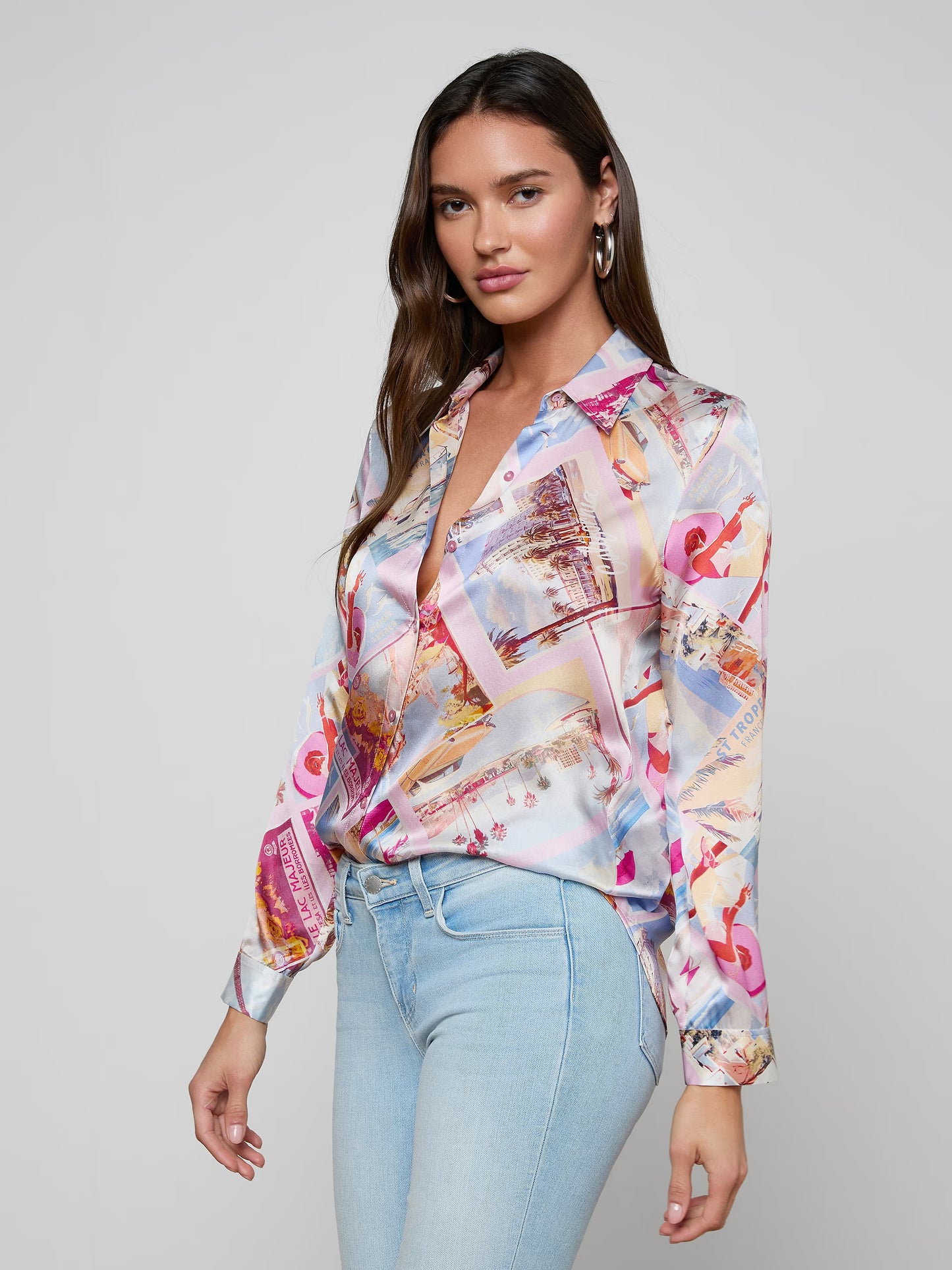 Tyler Silk Blouse Light Pink Multi Large Postcard Print - L'AGENCE