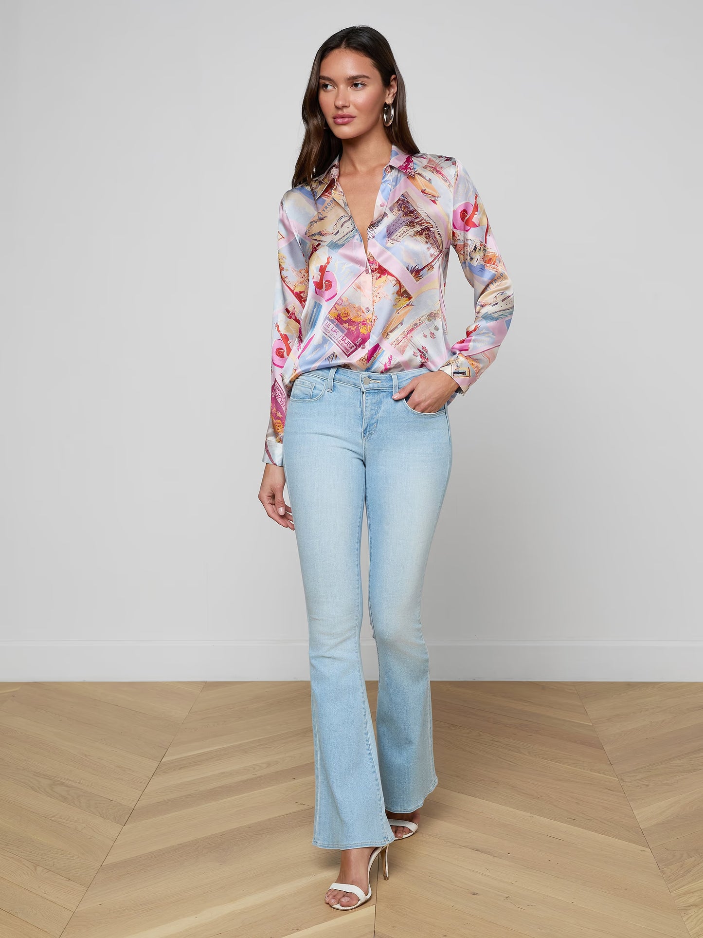 Tyler Silk Blouse Light Pink Multi Large Postcard Print - L'AGENCE