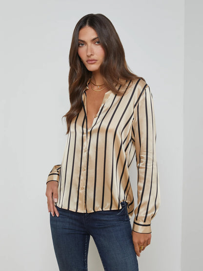 Tyler Silk Blouse Almond/Black Stripe - L'AGENCE