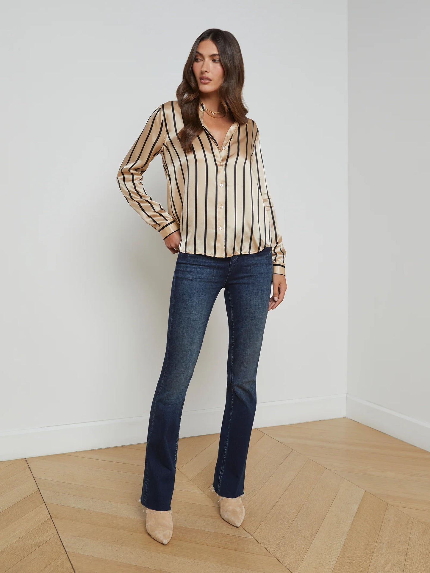 Tyler Silk Blouse Almond/Black Stripe - L'AGENCE