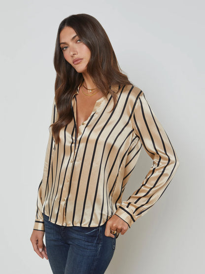 Tyler Silk Blouse Almond/Black Stripe - L'AGENCE