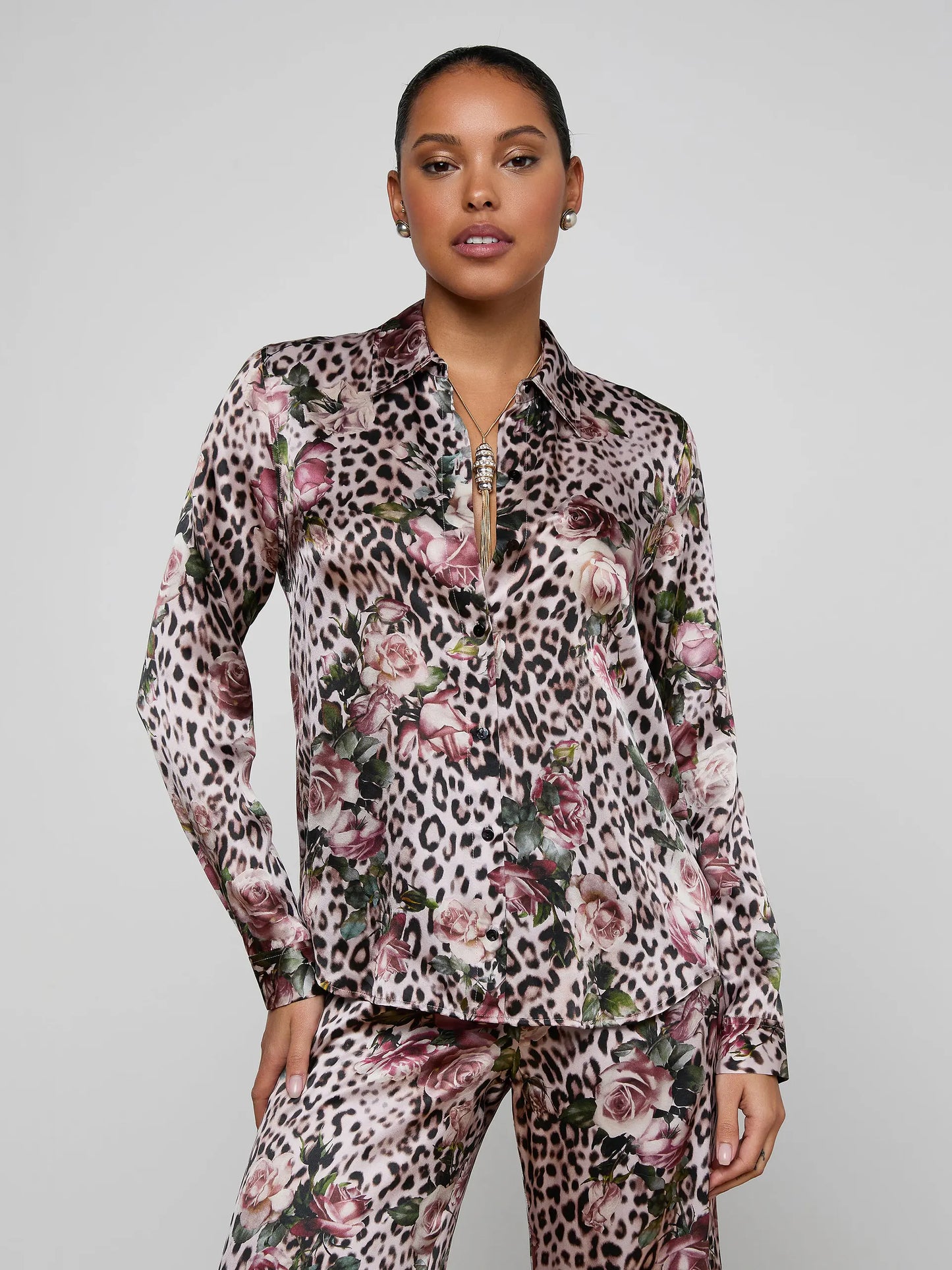 Tyler Silk Blouse Multi Small Rose Cheetah - L'AGENCE