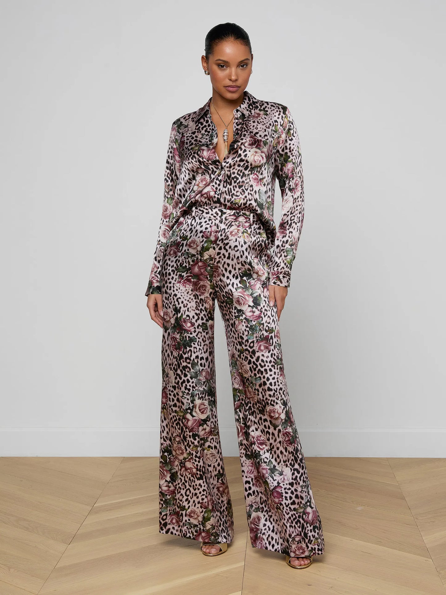 Tyler Silk Blouse Multi Small Rose Cheetah - L'AGENCE