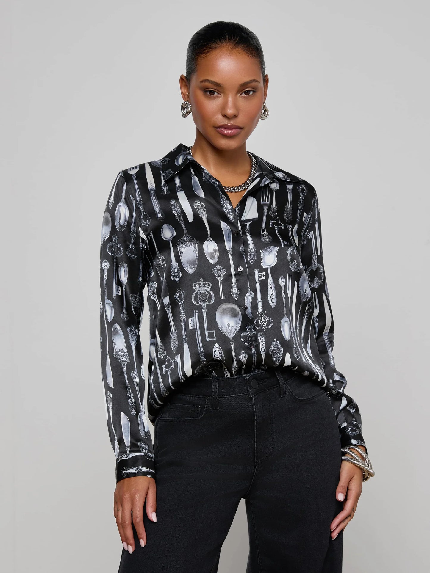 Tyler Silk Blouse Black Multi Silverware - L'AGENCE