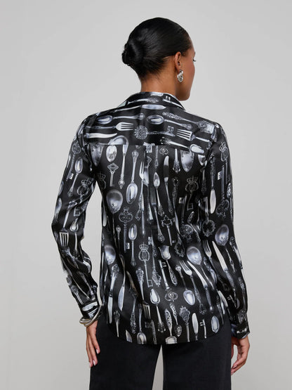 Tyler Silk Blouse Black Multi Silverware - L'AGENCE