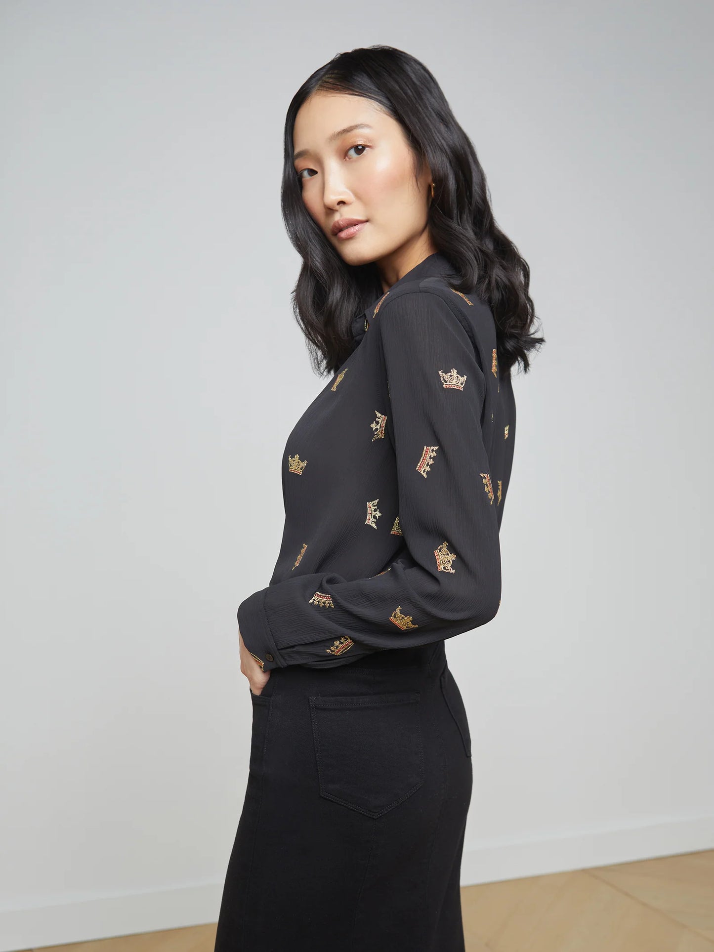 Laurent Blouse Black Gold Crown Embroidery - L'AGENCE