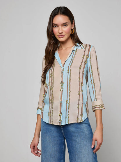 Camille Blouse Taupe/Light Sage Belt Stripe - L'AGENCE