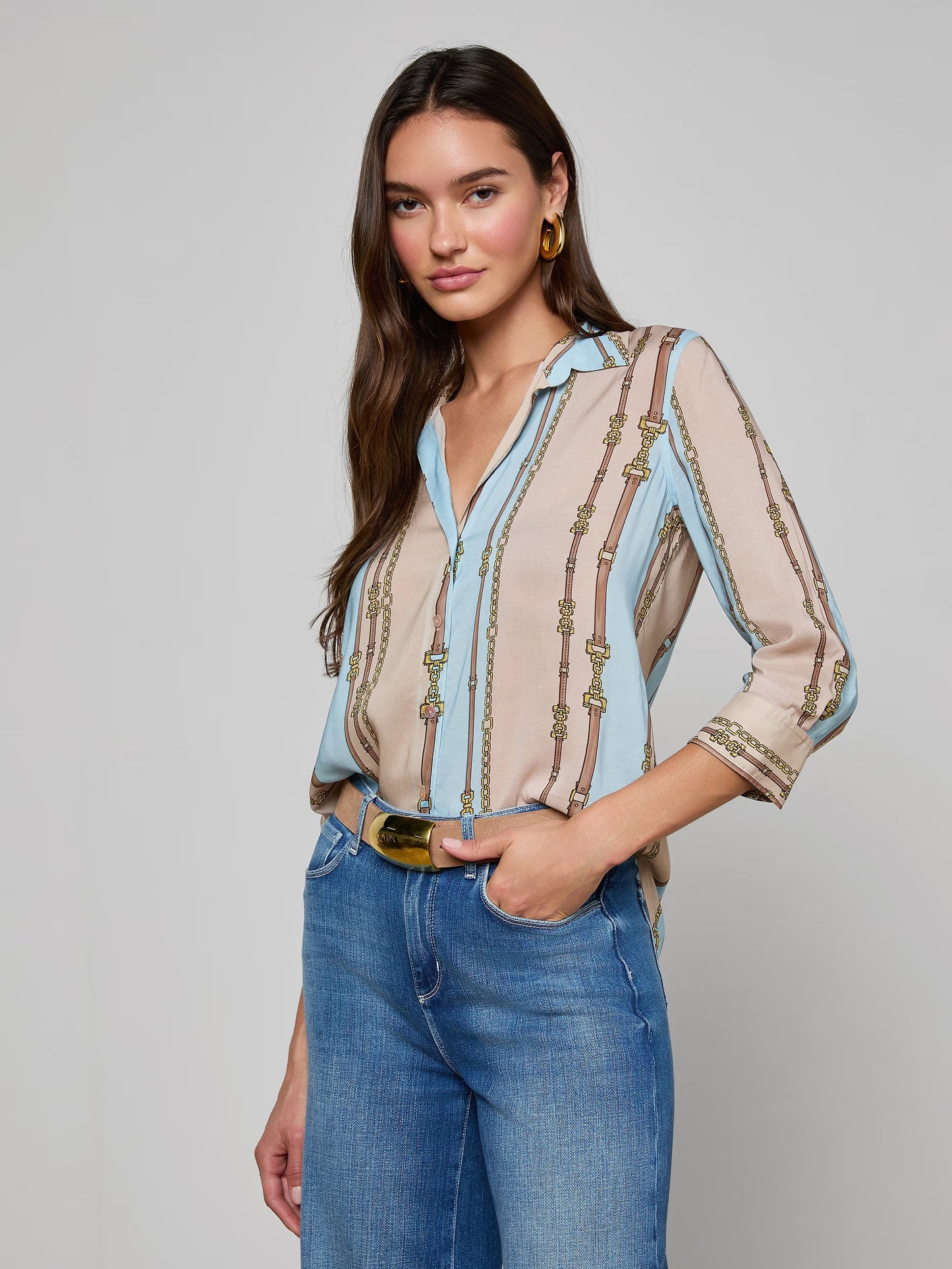 Camille Blouse Taupe/Light Sage Belt Stripe - L'AGENCE
