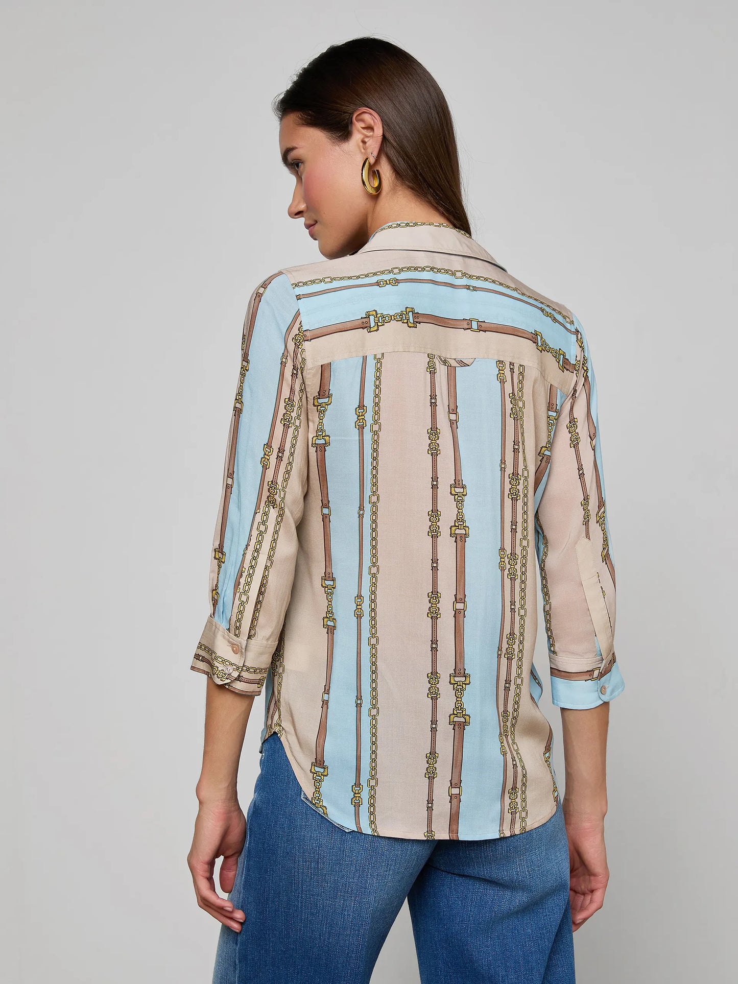 Camille Blouse Taupe/Light Sage Belt Stripe - L'AGENCE