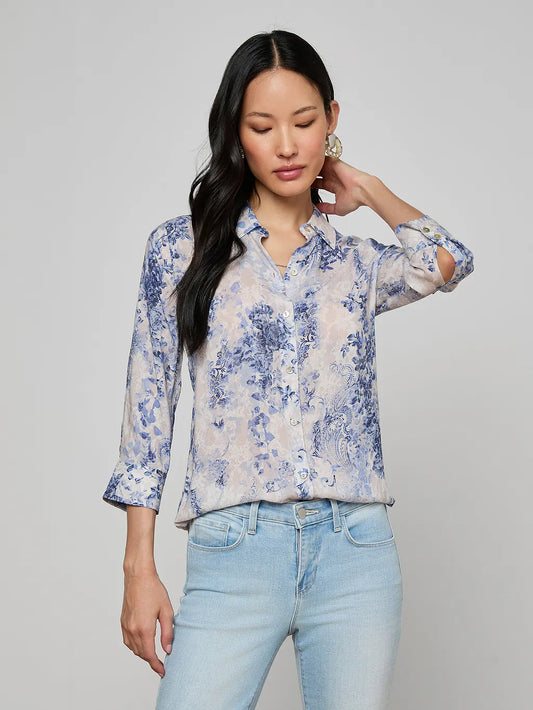 Camille Blouse Ivory/Blue Watercolor Lace Paisley - L'AGENCE