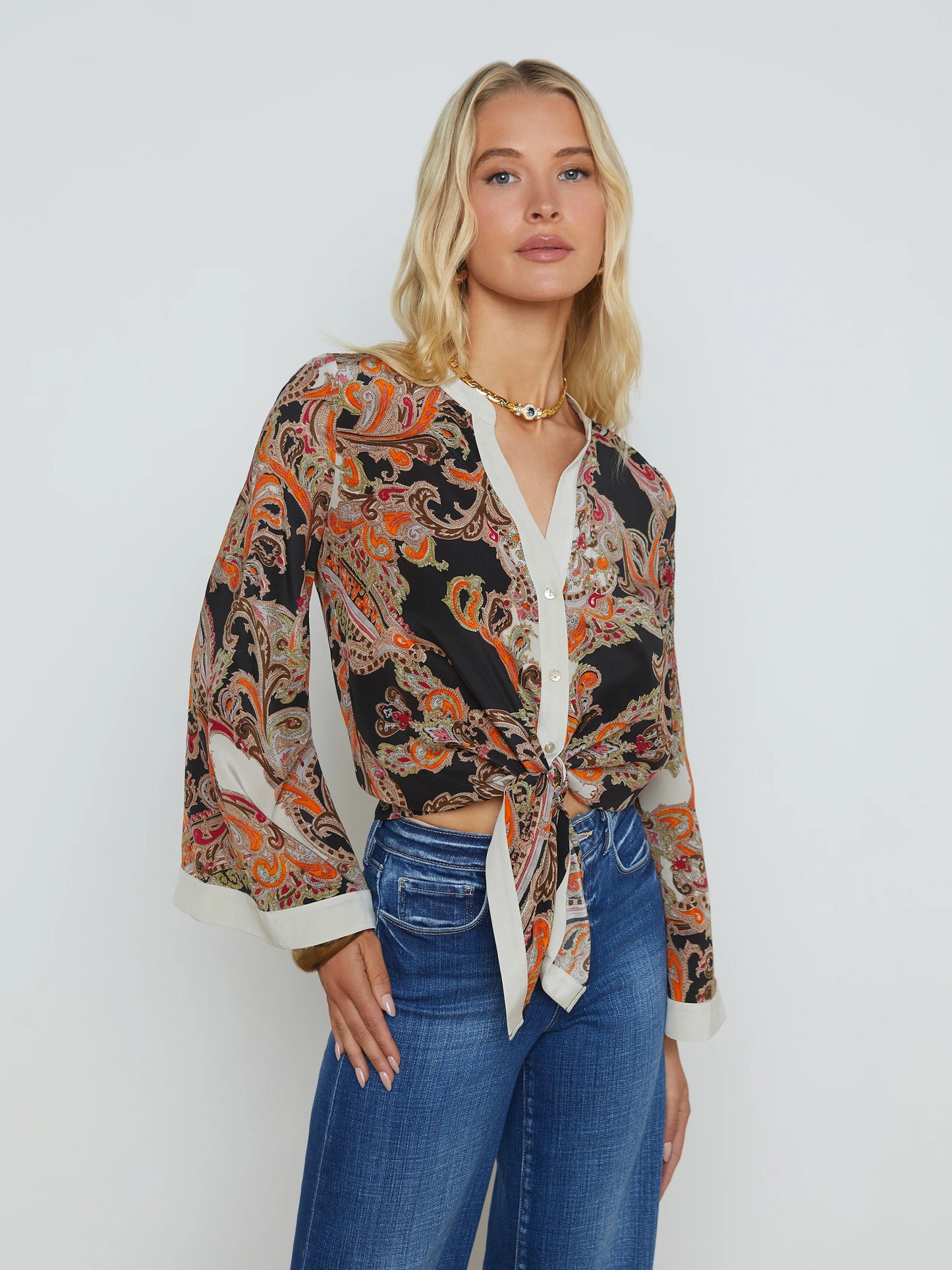 Charlize Silk Blouse Tonal Tan Paisley Medallion