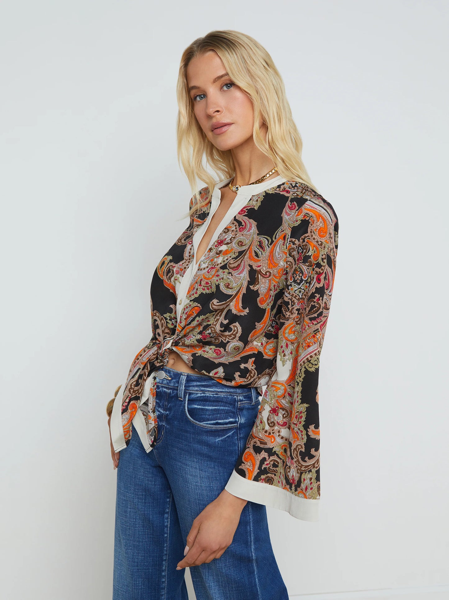 Charlize Silk Blouse Tonal Tan Paisley Medallion