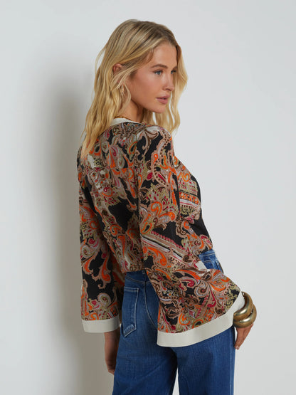 Charlize Silk Blouse Tonal Tan Paisley Medallion