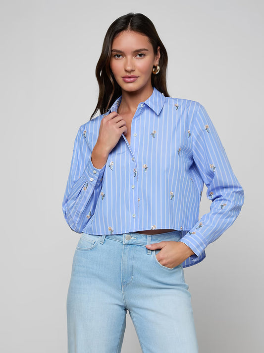 Cosette Shirt Blue Stripe/Sequin Flower - L'AGENCE