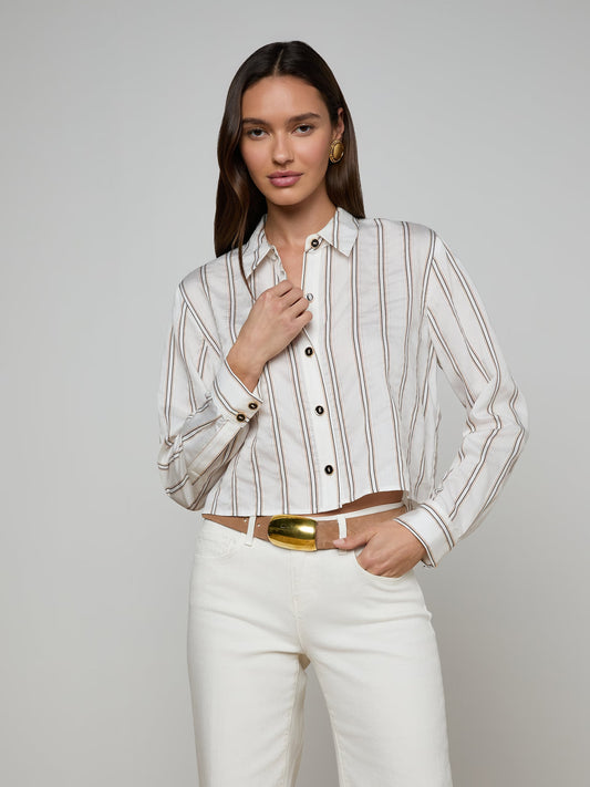 Cosette Shirt Ivory/Khaki/Black Stripe - L'AGENCE