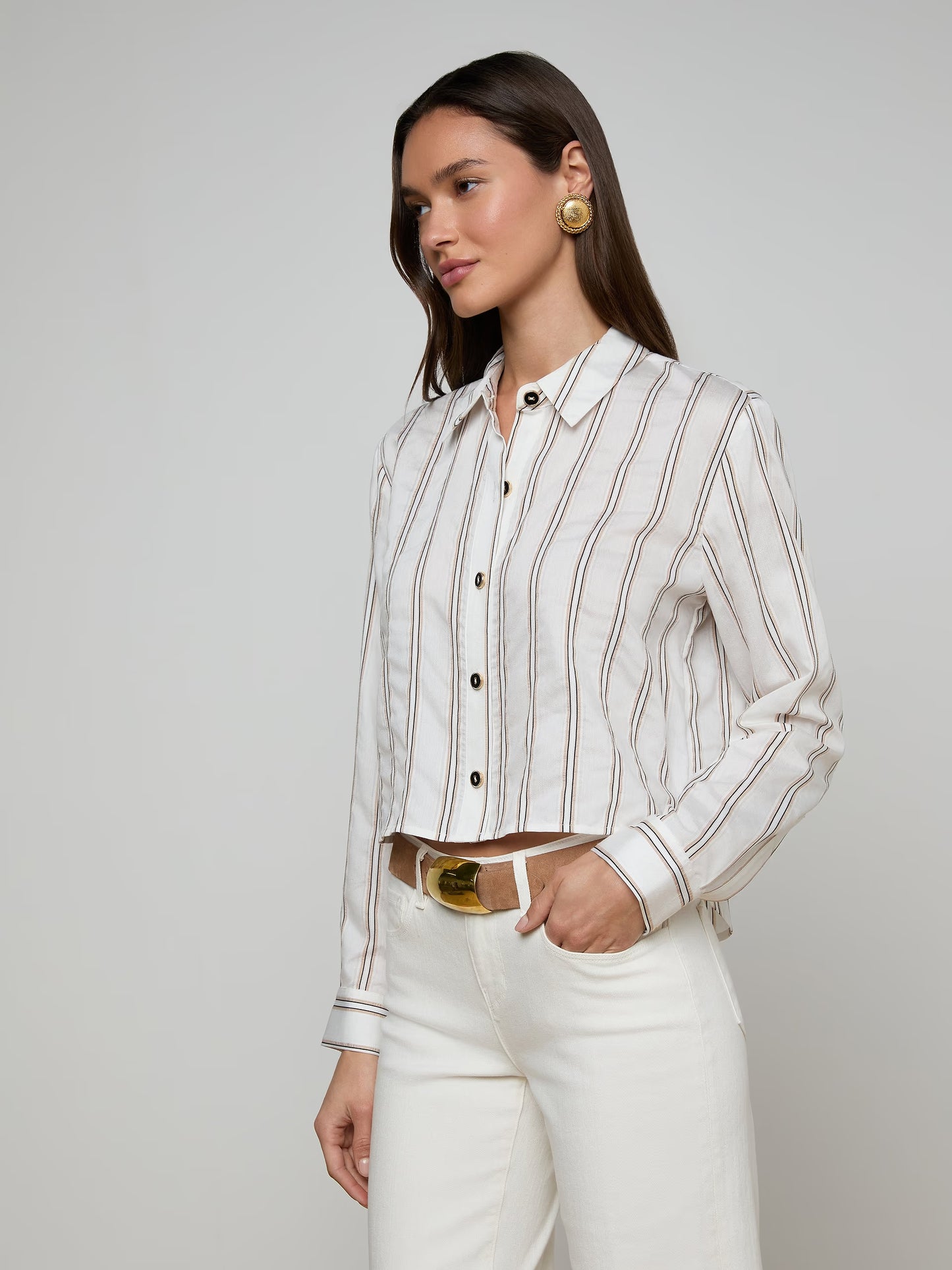 Cosette Shirt Ivory/Khaki/Black Stripe - L'AGENCE