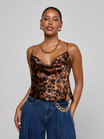 Calista Silk Camisole Brown Multi Amur Leopard - L'AGENCE