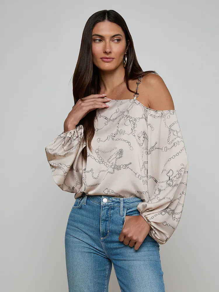 Asami Chain One-Shoulder Blouse Soft Macadamia Multi Small Horsebit Chain - L'AGENCE