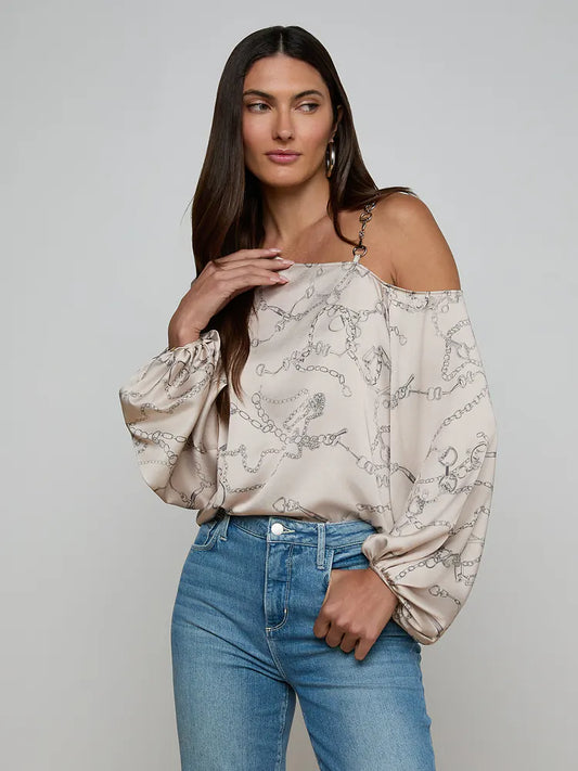 Asami Chain One-Shoulder Blouse Soft Macadamia Multi Small Horsebit Chain - L'AGENCE