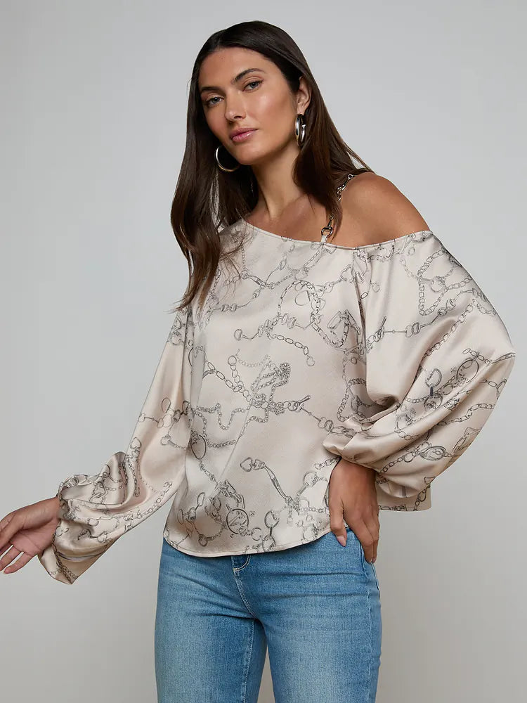 Asami Chain One-Shoulder Blouse Soft Macadamia Multi Small Horsebit Chain - L'AGENCE